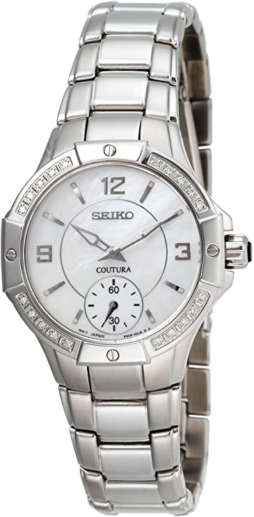 Seiko Women's Coutura Diamond Sub-Dial Watch Mother of Pearl Dial & Steel  32mm - Beverlys Jewelers